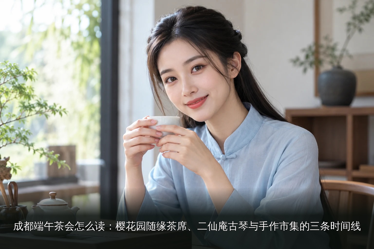 年轻女性品茶主题图｜淡蓝新中式品饮